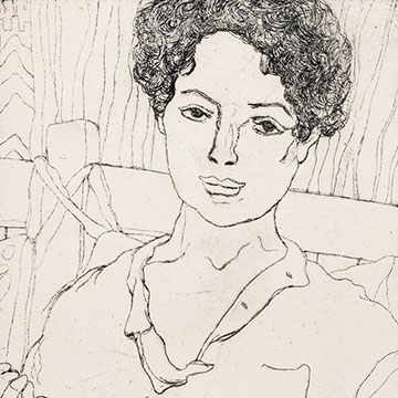 a drawing of a seated woman with short dark hair who is looking directly at the viewer with a blank expression